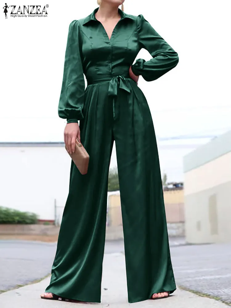 Women's Jumpsuits Rompers ZANZEA Women Fashion Satin Jumpsuits Streetwear Turn-down Collar Puff Sleeve Tie Waisted Long Rompers Commute Wide Leg Overalls 230615