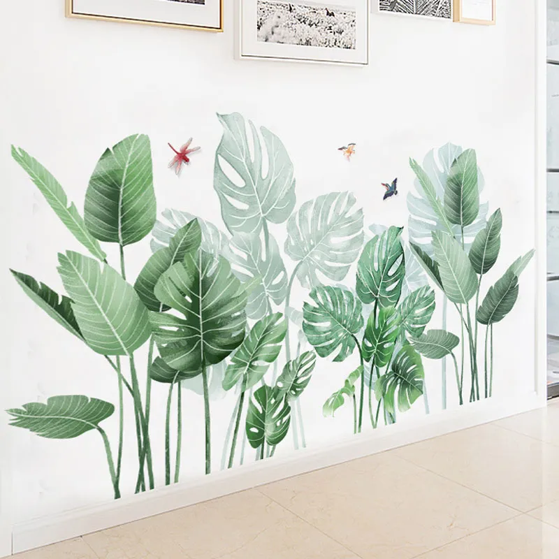 Adesivos de folhas de plantas tropicais verdes faça você mesmo Decoração de borda de parede Decoração de canto de sala de estar Decoração de vinil removível Mural arte Decalques