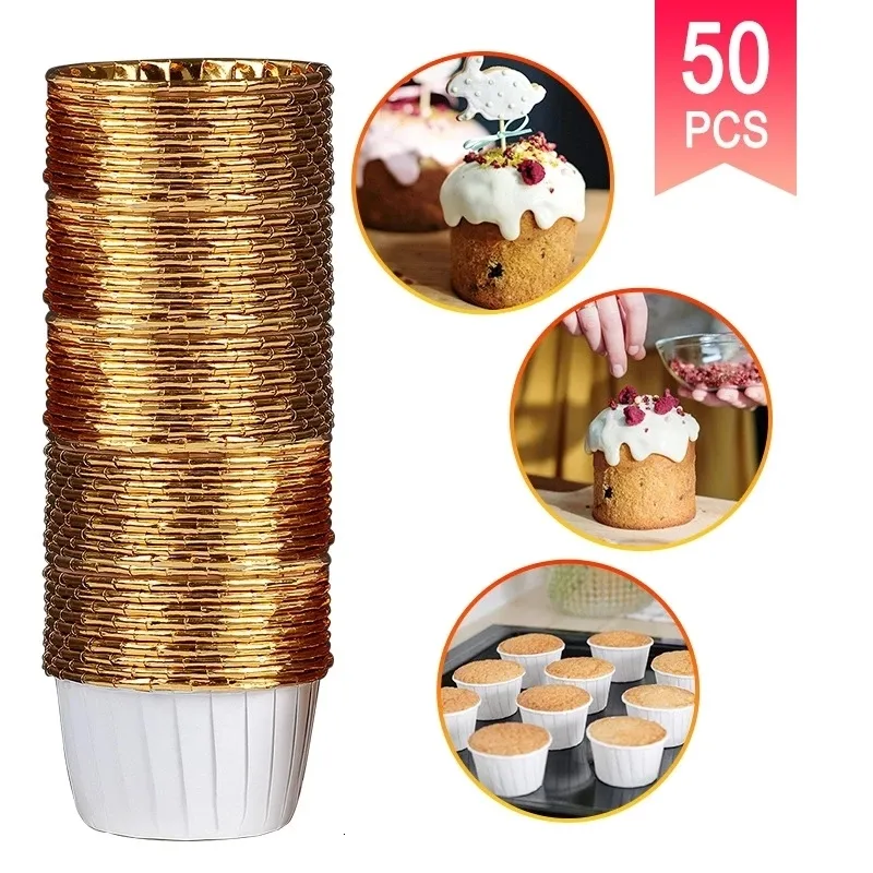 Moules de cuisson 50 pcs Grand Cupcake Papier Tasse Oilproof Liner Plateau Cas De Noce Caissettes D'or Muffin Wrapper 230616