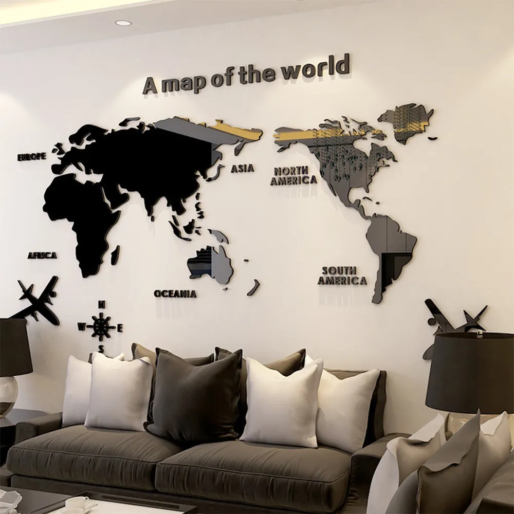 Wall Stickers World Map 3D Acrylic Threedimensional Mirror Bedroom Office Background Decoration 230615