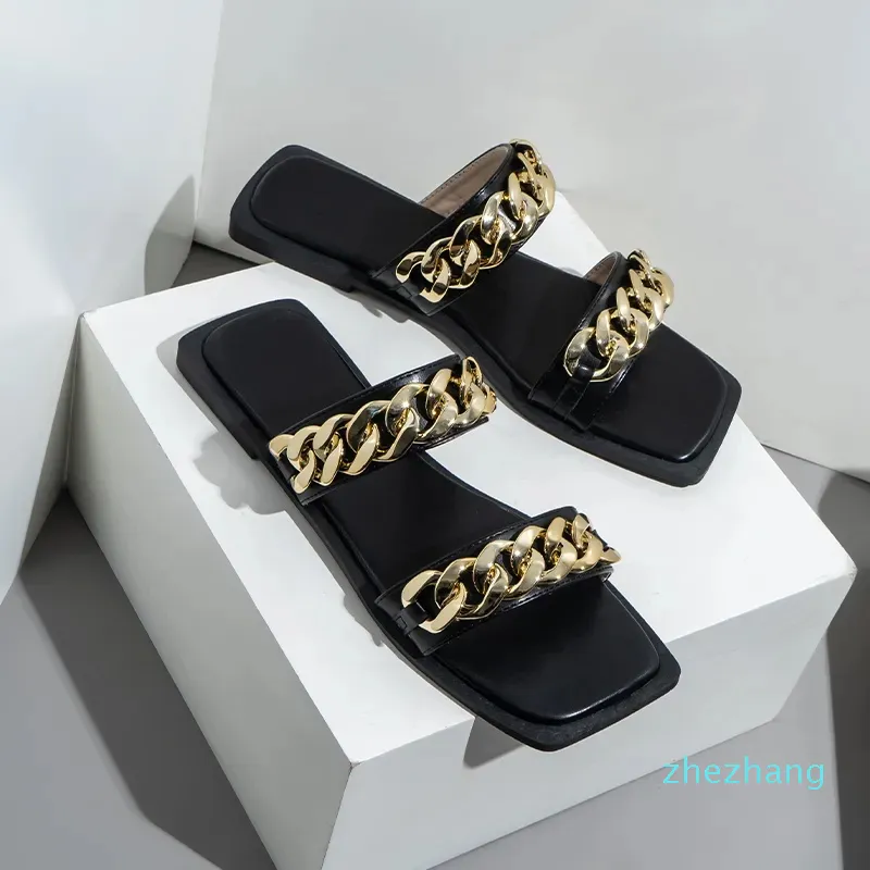 2023-Fashion Metallic Slide Sandals Flat Slippers for women Black white beige square toe slides causal summer slipper shoes Ladies Beach Sandal Party Wedding