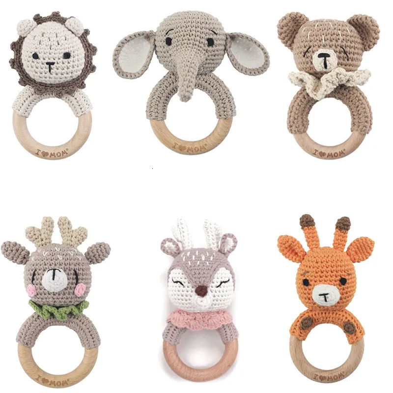 Rattles Mobiles Baby DIY Crochet Cartoon Lion Doll Hand Bell Carved Wooden Ring Teething Toys born Molar Teether Eonal Toy 230615