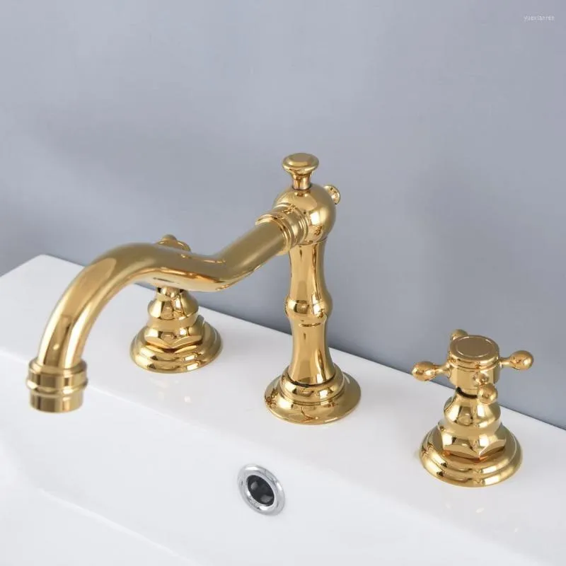 Badrumsvaskar kranar polerade guldfärg mässing däck monterade dubbla handtag utbredda 3 hål bassäng kran blandare vatten tappar mnf981