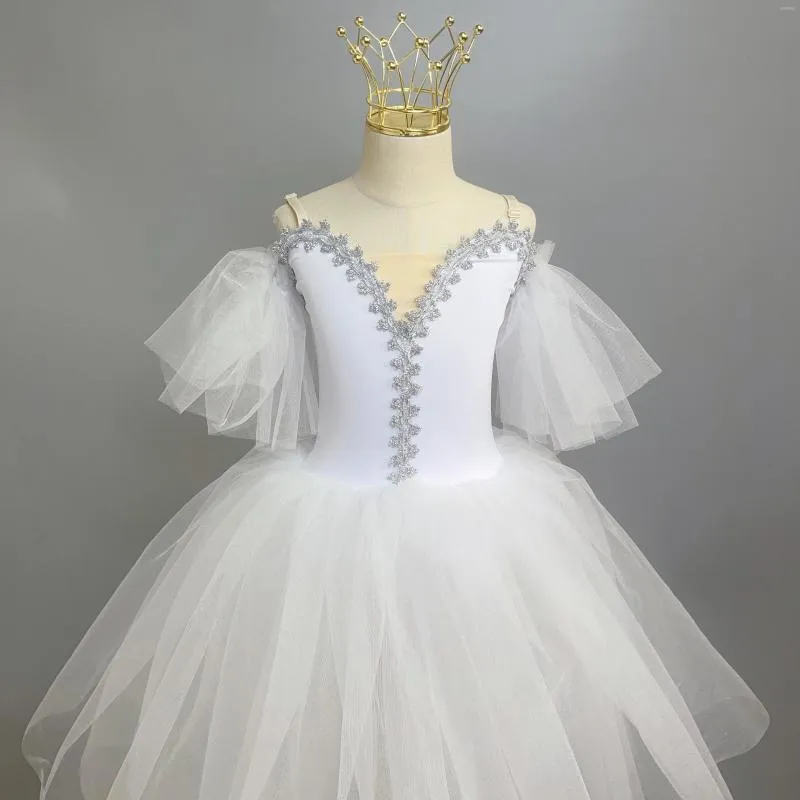 Vestuário de palco branco longo romântico balé tutu menina vestido feminino para meninas bailarina infantil tule adulto