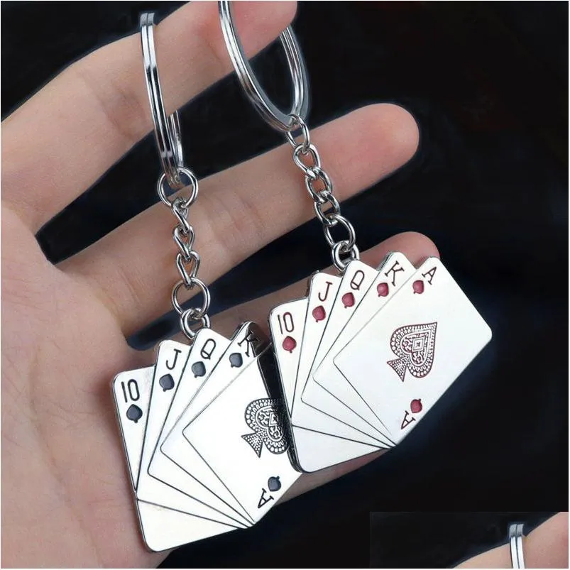 Nyckelringar Metal Royal Flush Poker Spela Card Ring Red Black Keychain Bag Hanging Fashion Jewelry Will and Sandy Drop Delivery DHFLZ