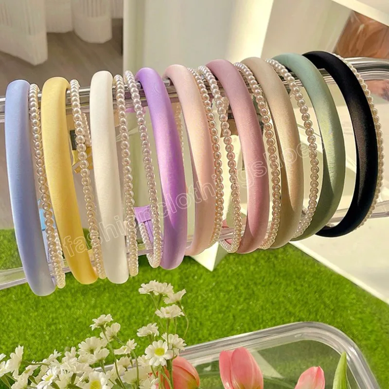 Sponge Pearl Headbands Women Double Layer Hair Hoop For Girls Solid Color Hairbands Pearls Beaded High Skull Top Head Hoop