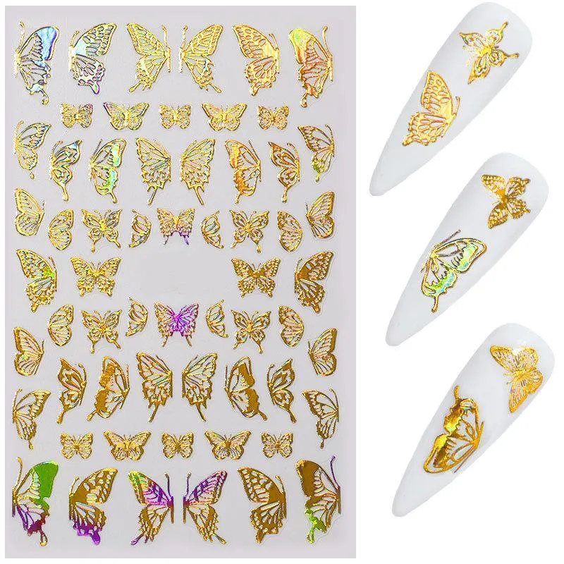 free shipping Nail Sticker Self-adhesive Simulation Thin Butterfly Laser Gold And Silver Color Butterfly Stickers 2020 New Style