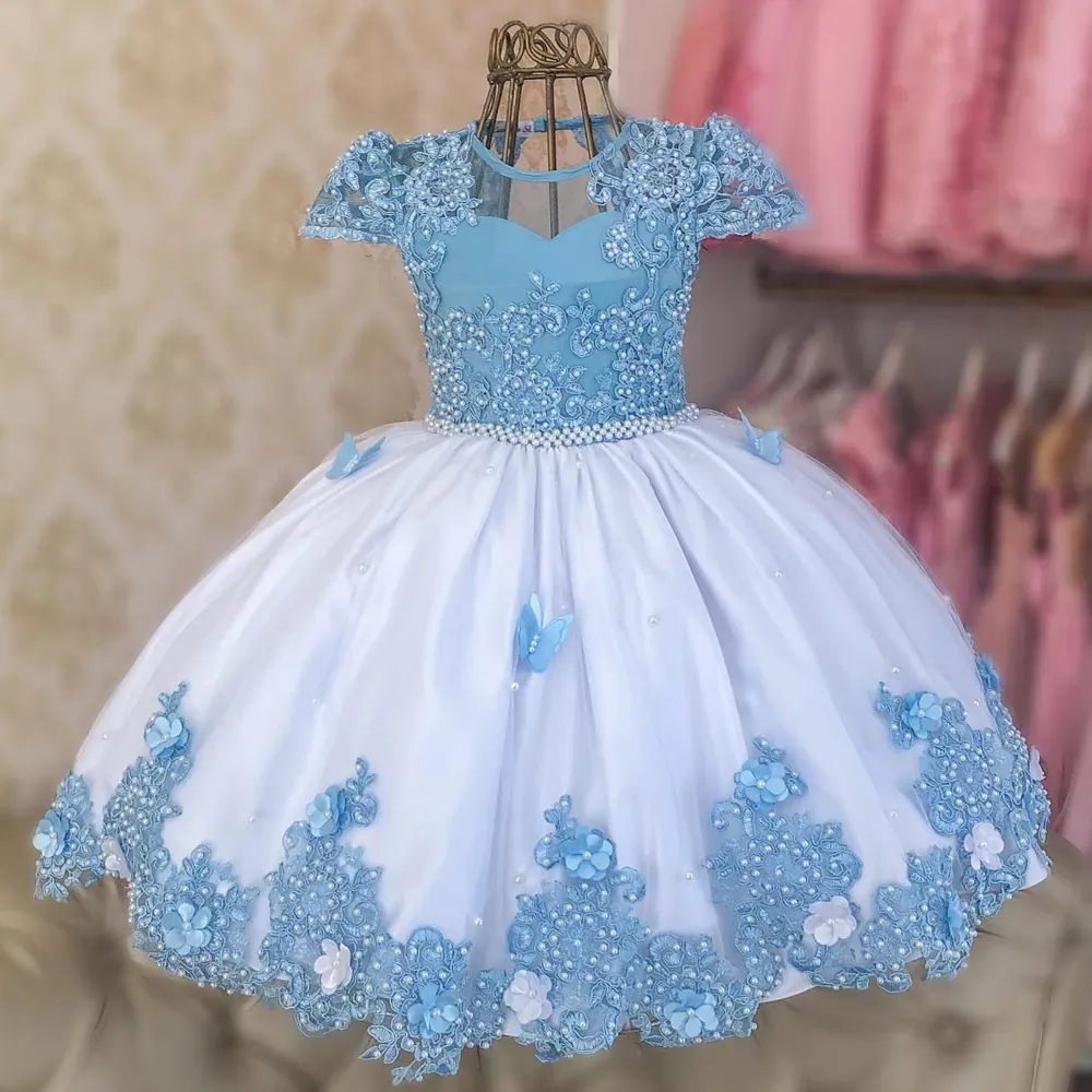 Light Sky Blue and White Flower Girls Dresses spetsapplikationer Pearls Kids Party Butterfly Ball klänning Spädbarnsklänning 326 326