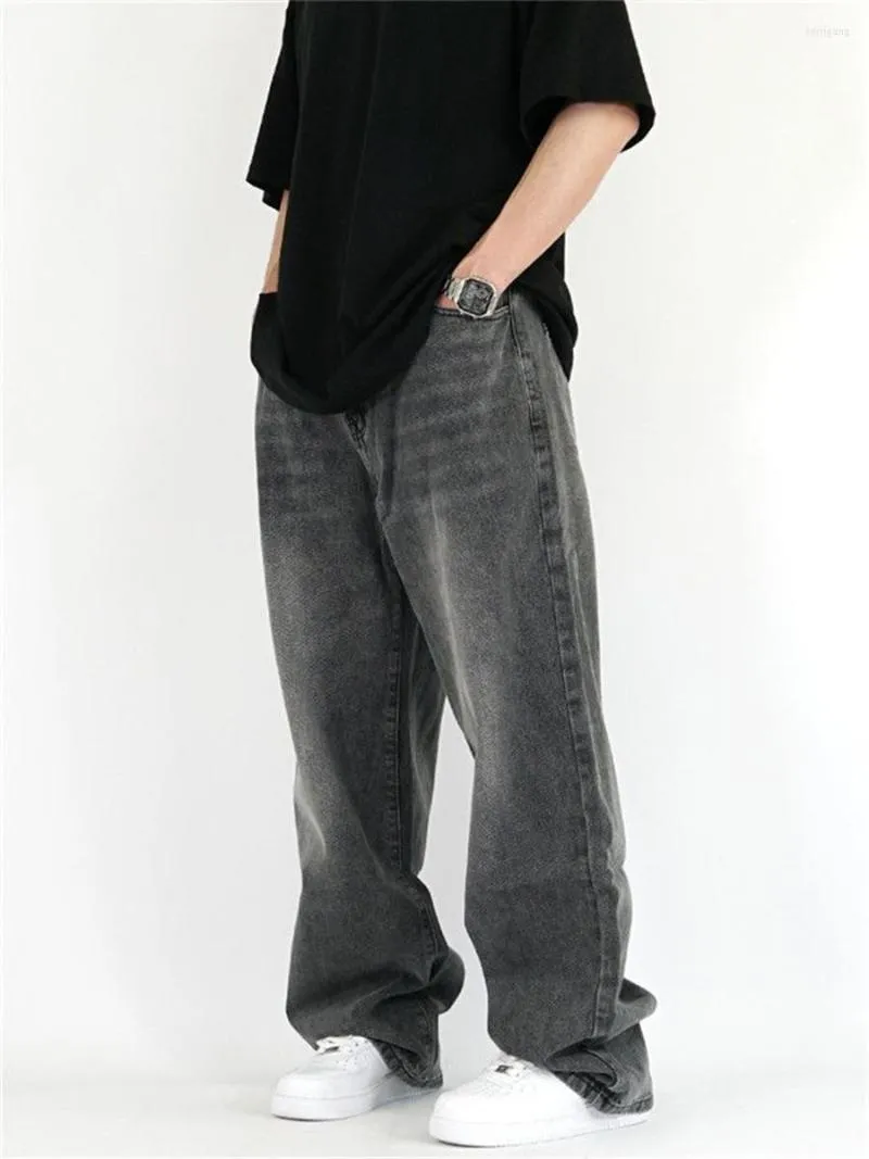 Men's Jeans Grey Bleached Loose Vintage Straight For Men Spring Washed Casual Streetwear Hip Hop Mid Waist Denim Pants