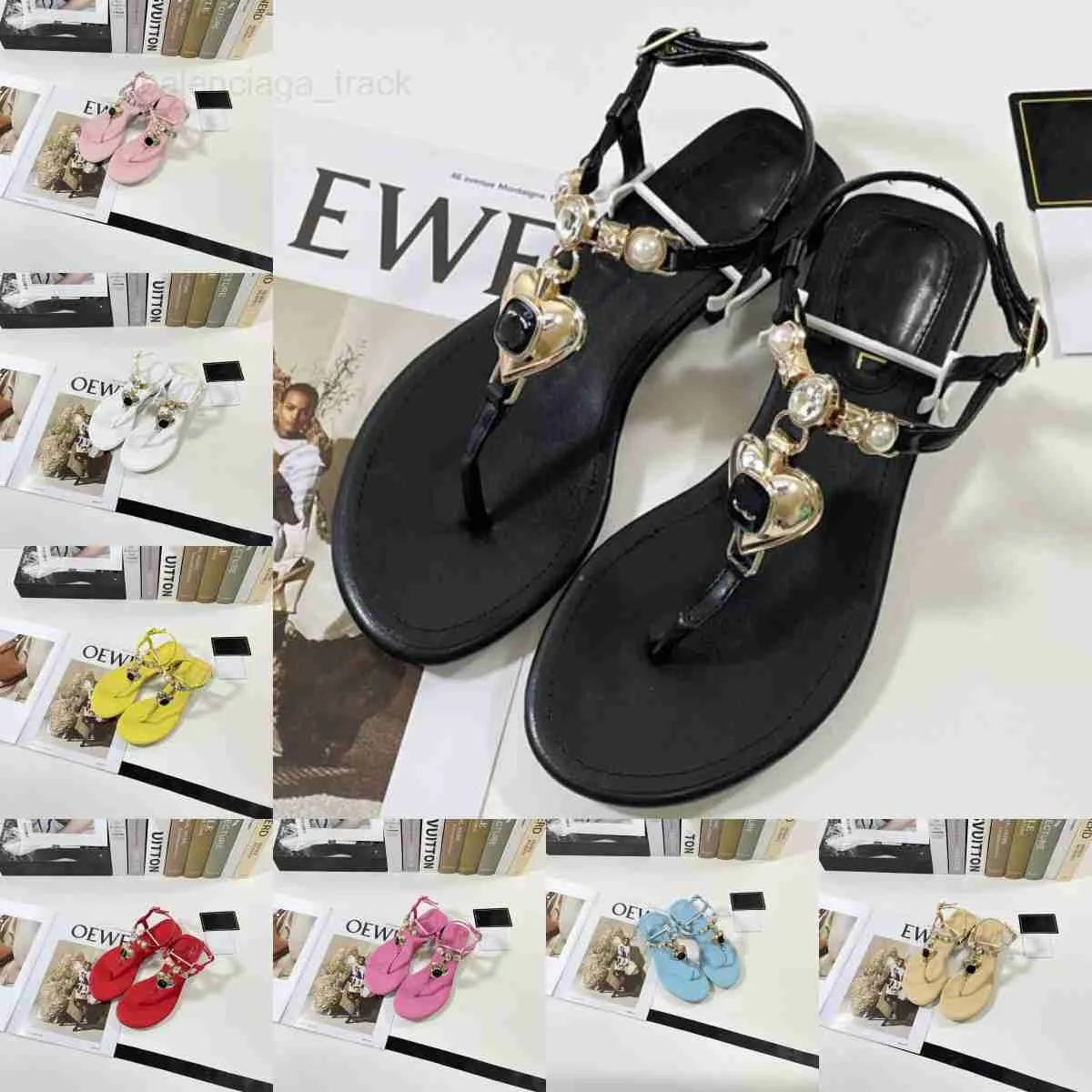 thong Leather sandal Slippers interlocking letters C slides diamond pearl buckle sandals women waterfront slip mule summer shoes T strap slingbacks