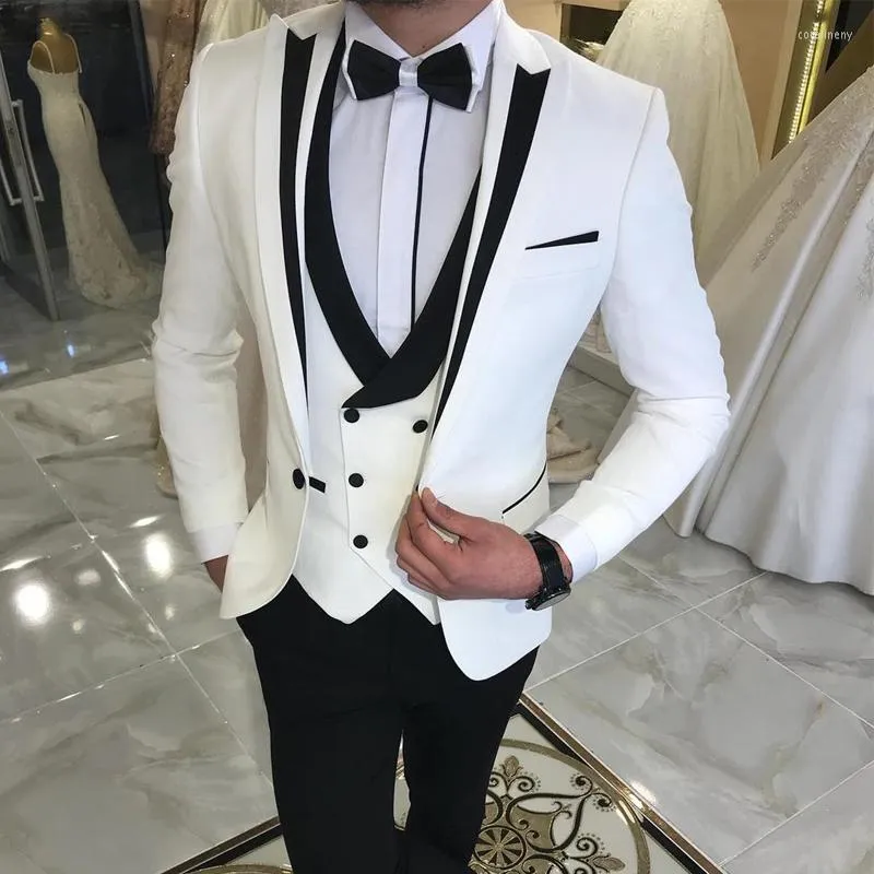 Costumes pour hommes blanc Slim Fit hommes pour marié 3 pièces Double boutonnage gilet mâle mode veste avec pantalon noir mariage smoking 2023