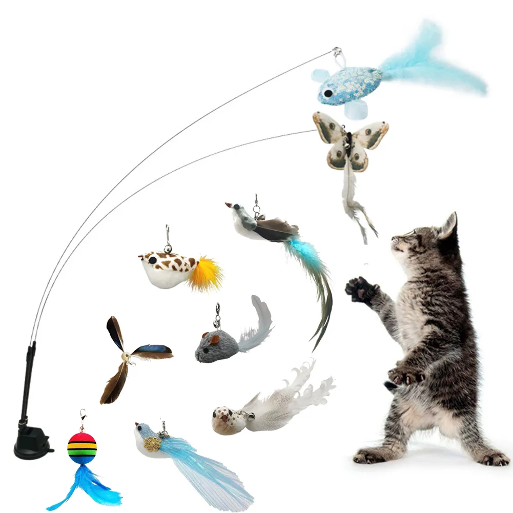 Interactive Cat Toy Simulation Bird Mice Feather With Bell Funny Kitten Wand Toy Replacement Heads Cat Teaser Toy for Indoor Cat