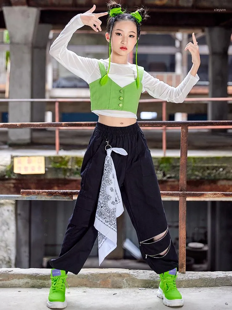 Modern Jazz Dance Costume Hip Hop Girls Clothes Crop Tops Black Pants Long  Sleeved Kpop Performance Outfit Kids Stage We size 140cm Color Vest And  Tops 2pcs