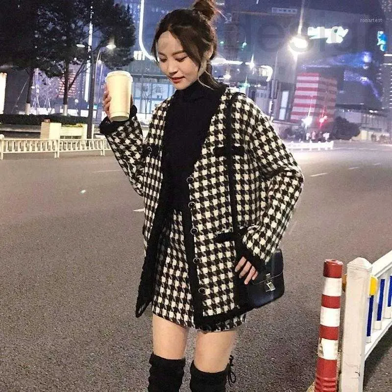 Kvinnorjackor Designer Woolen Suit 2021 Autumn and Winter Korean Style Fashion Channel Bird Plaid Coat Hip-wrapped kjol yl7b