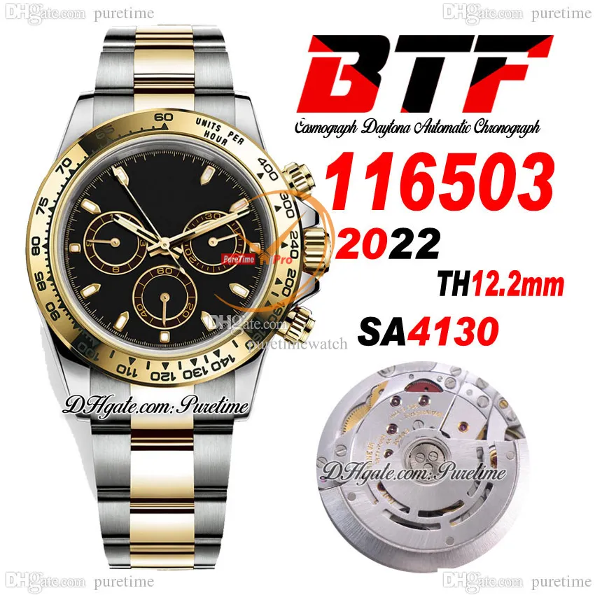 BTF Better SA4130 Automatisk kronograf MENS Titta på två ton Yellow Gold Black Stick 904L Oystersteel Armband Super Edition Th 12.2mm Reloj Hombre 2023 Puretime B2