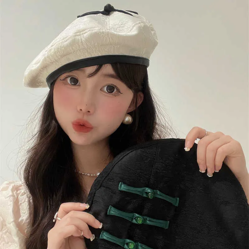 Berets 2023 New Chinese Style Chinese Knot Temperament Beret Women' Retro Simple Fashion Solid Color Literary and Artistic Painter Hat Z0613