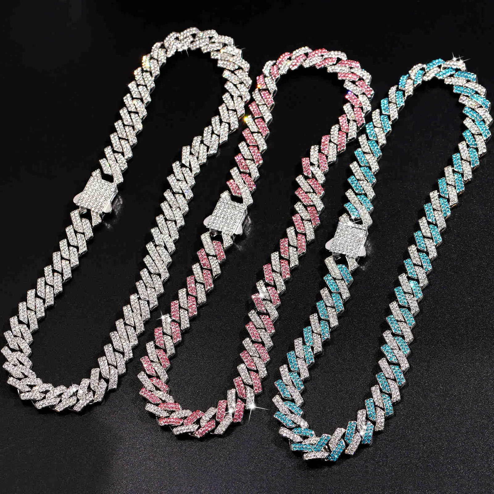 Brins nouveau 14mm losange cubain lien chaîne collier glacé 2 rangées strass broche rappeur pour hommes femmes bijoux 230613