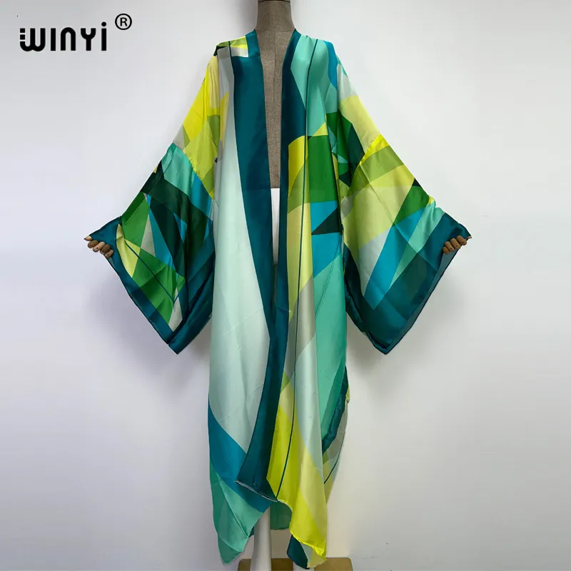 Roupa de banho feminina WINYI Summer Beach Wear Swim Suit Cover up boho fashion print elegante sexy Holiday party Cardigan manga longa vestido 230616