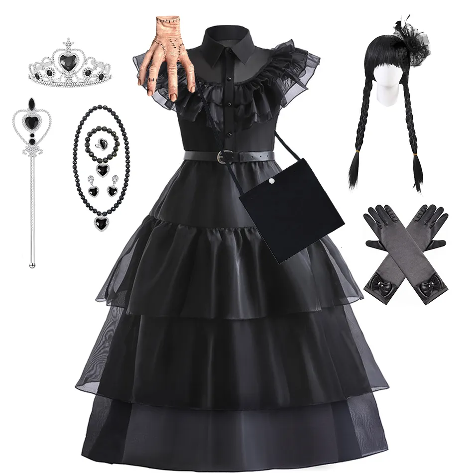 Girl's Dresses Girls Wednesday Cosplay Dress Addams säsong 1 Klä upp kostym Barn Black Fluffy Frocks Summer School Day Casual Outfits 230615