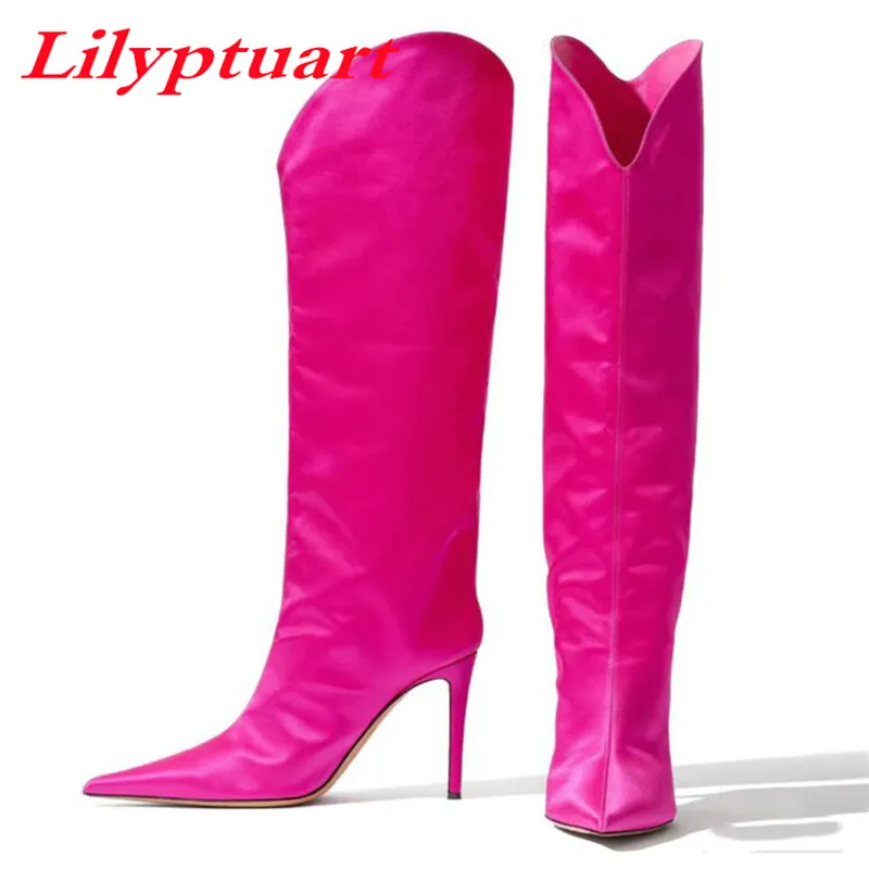 Lilyptuart Womens High Boots 2023年春、新しいファッションポイントトゥシルクエレガントな高級デザイナーバンケットパーティーシューズサイズ43