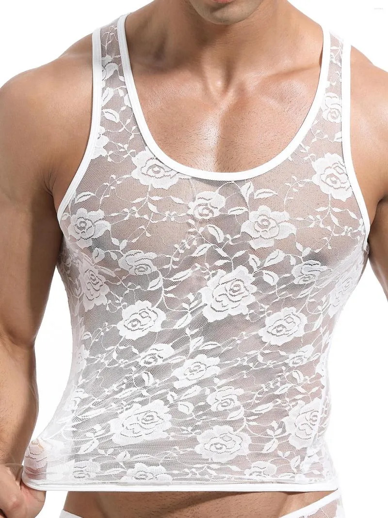 Regata masculina Masculina Sexy Mesh Transparente Renda Camiseta Floral Sem Mangas Colete Muscular Slim Fit Camiseta Clubwear (Preto M)