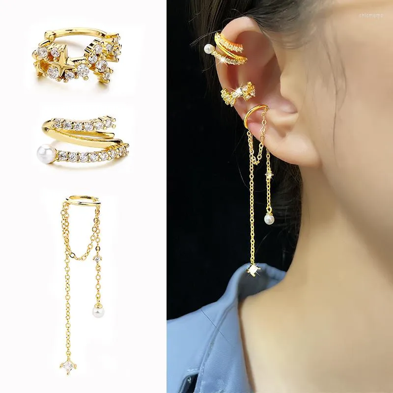 Backs Oorbellen Yuedane Goud Kleur Zirkoon Ketting Kwastje Clip Oorbel Set Oor Manchet Niet-Piercing Nep Kraakbeen Voor Vrouwen trend Sieraden