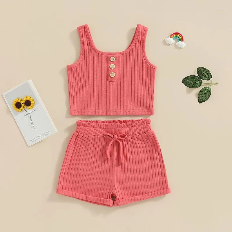 Conjuntos de Roupas Moda Crianças Bebês Meninas Meninos Conjuntos Shorts Conjunto Verão Sólido Casual Sem Mangas Malha Rib Colete Tops Cordão 2 Pçs Terno