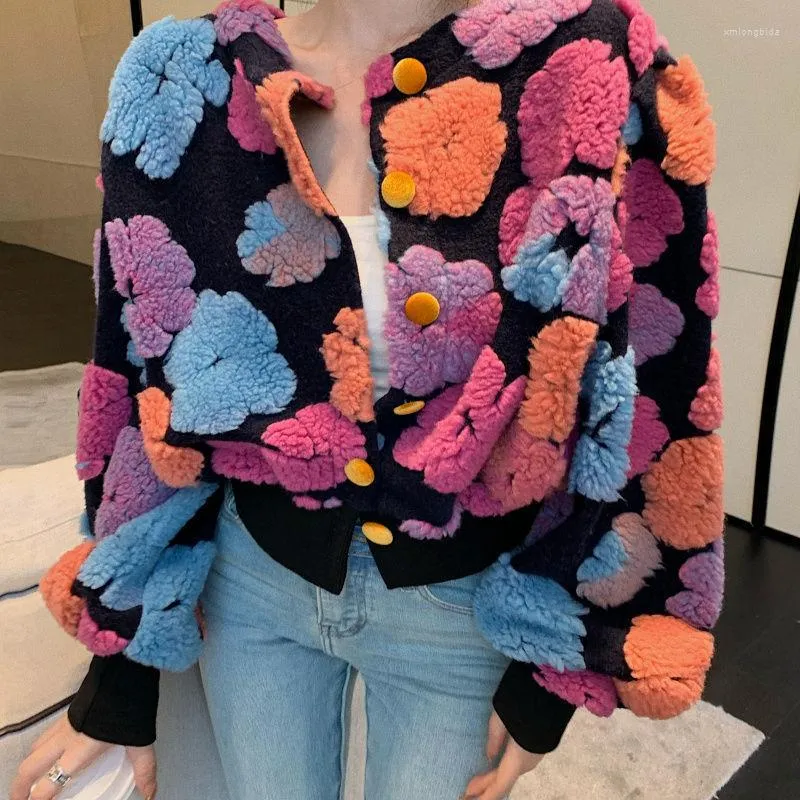 Women's Jackets 2023 Spring Three-dimensional Flower Cardigan Short Bubble Sleeve O Neck Plush Warm Coat Tops Women Clothing Jacket Fall