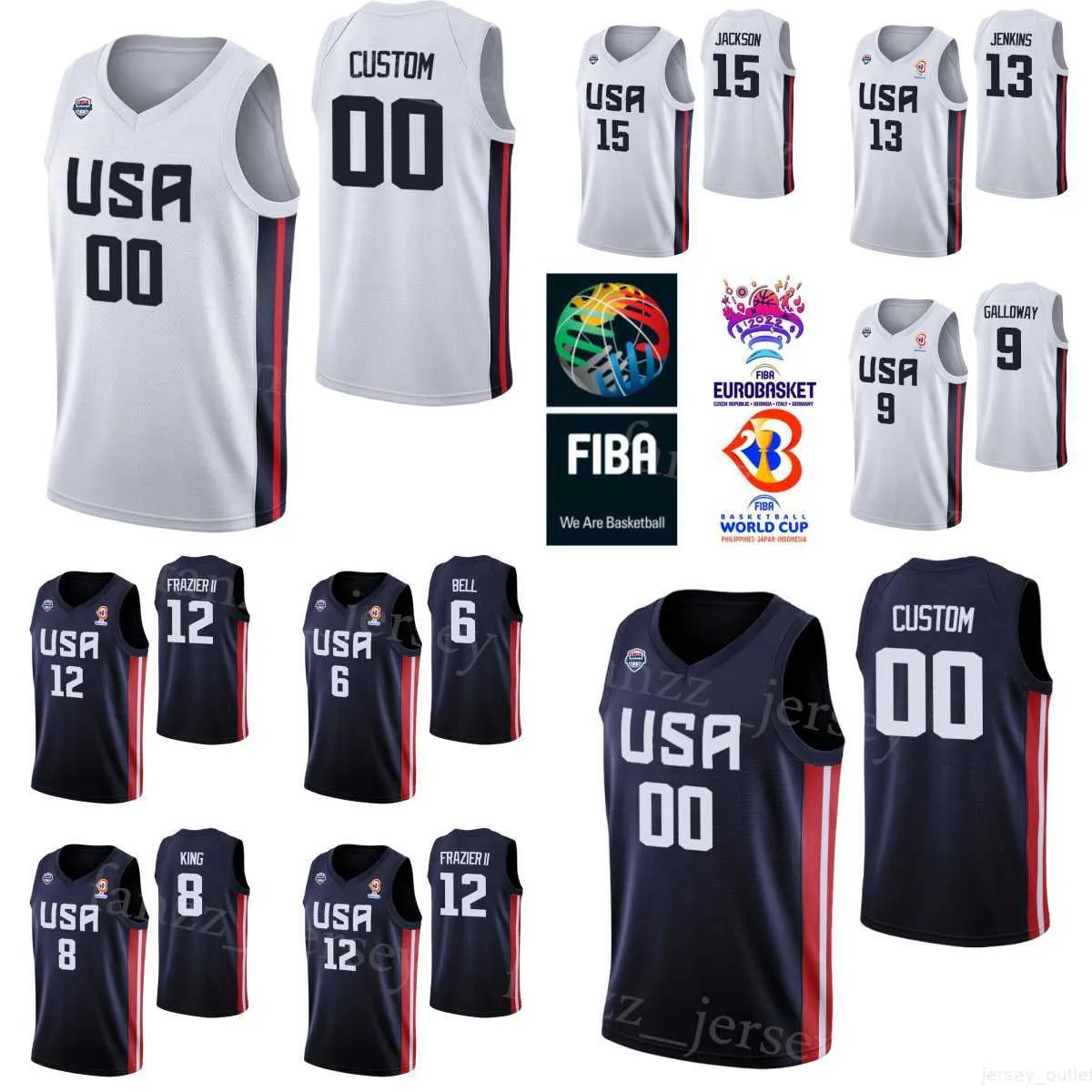 Imprimé Coupe du monde US Basketball 7 Maillots Cody Demps Équipe nationale Bell Langston Galloway Michael Frazier II Justin Jackson George King DaQuan Jeffries Quinn Cook