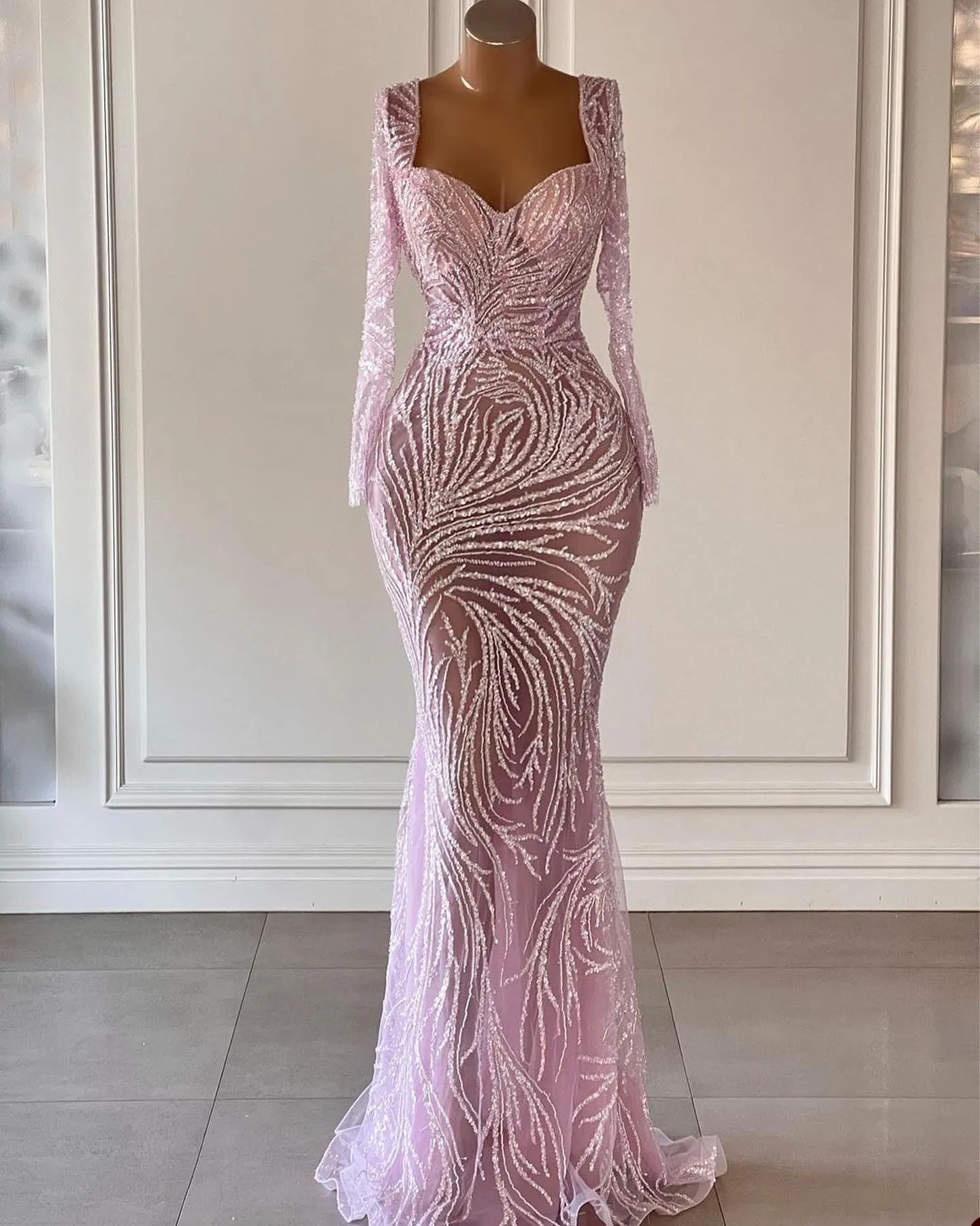 Glamorous Mermaid Prom Dresses Square Long Sleeves Designer Applicants on Tulle Backless Zipper Floor Length Custom Made Plus Size Party Dress Vestido De Noite