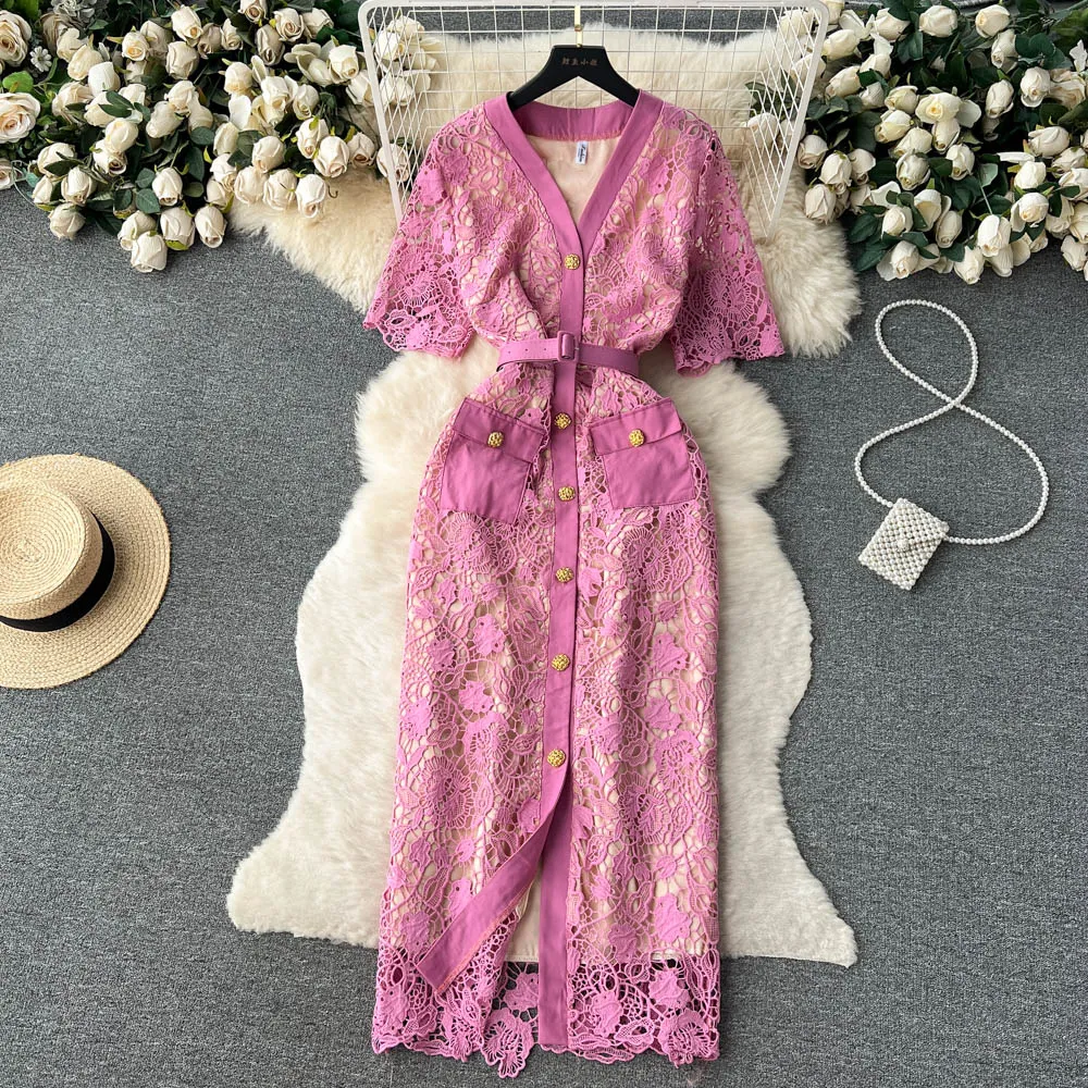 Casual Dresses French Dress Women Summer New Fashion Single Breasted Short Sleeve Lace Hollow Sexy Party Elegant Clothes Vestido Feminino 2023