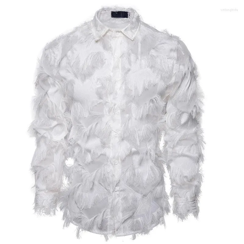 Herrklänningskjortor White Black Feather Lace Shirt Men 2023 Fashion Se genom Clubwear Mens Event Party Prom Transparent Chemise