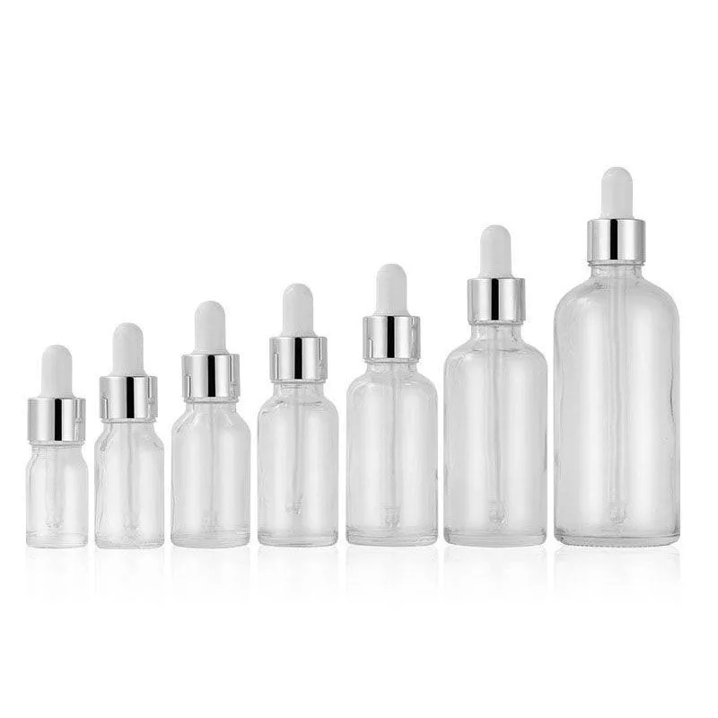 Clear Glass Essential Oil Parfym Bottles Liquid Reagent Pipett Droper Bottle With Silver Cap White Tip Top 5-100 ml ABGBR