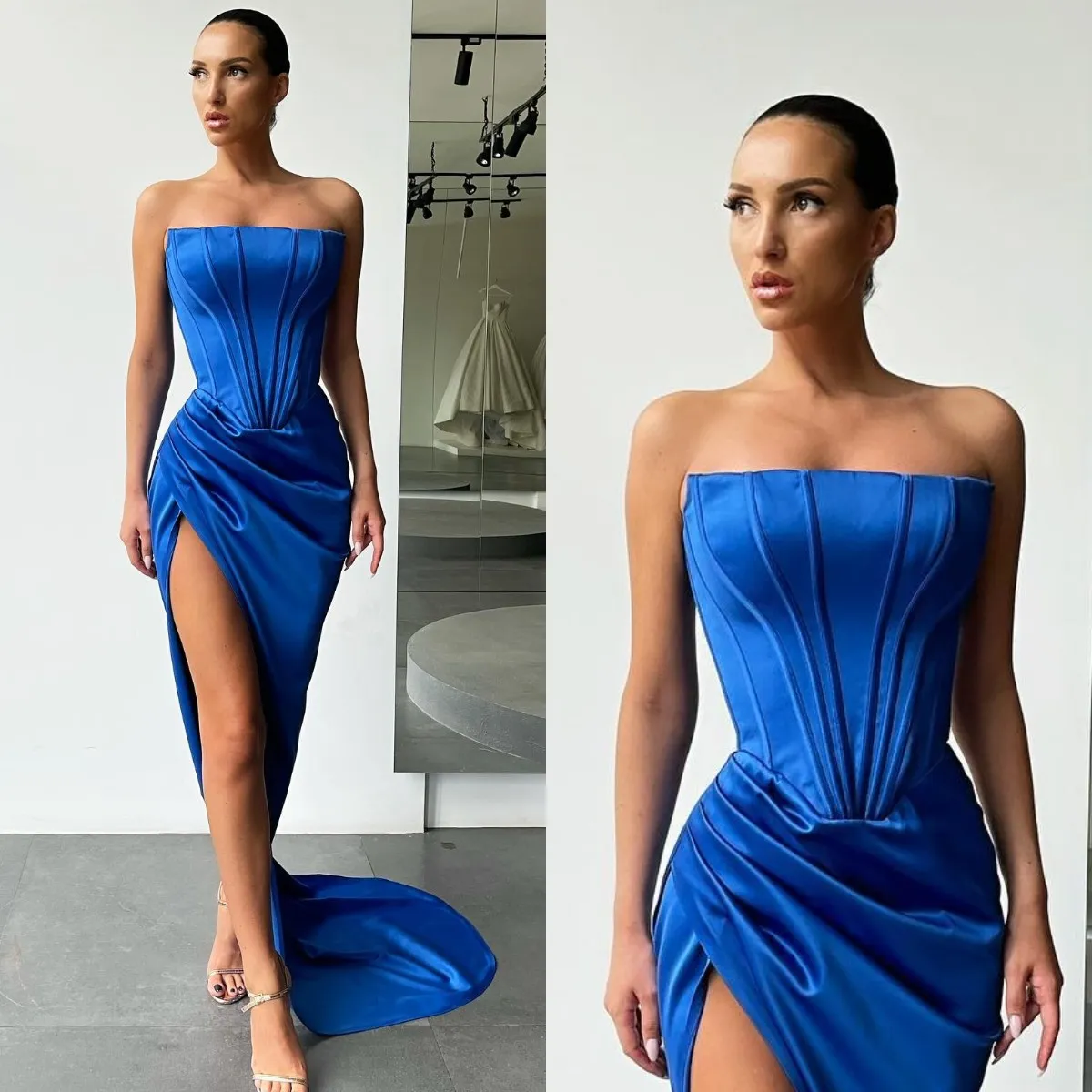 Abiti da ballo sexy blu royal senza spalline con corsetto in osso Abiti da sera per feste Pieghe con spacco Abito lungo per occasioni speciali con tappeto rosso semi formale