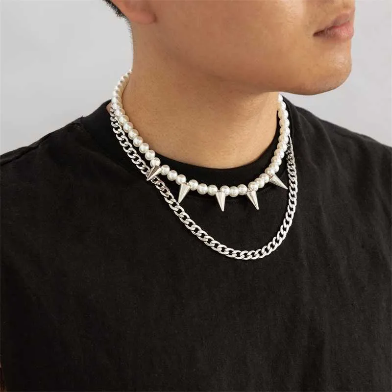 Bärade halsband Punk Pearl Beads Chain med spikar Kort chokerhalsband män hiphop skiktat tjockt rostfritt stål 2023 mode smycken 230613