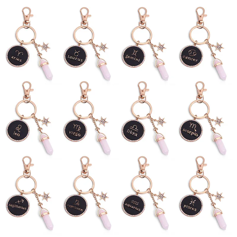 Porte-clés en cristal rose rond marque diamant 12 Constellation porte-clés bagage sac décoration pendentif porte-clés porte-clés