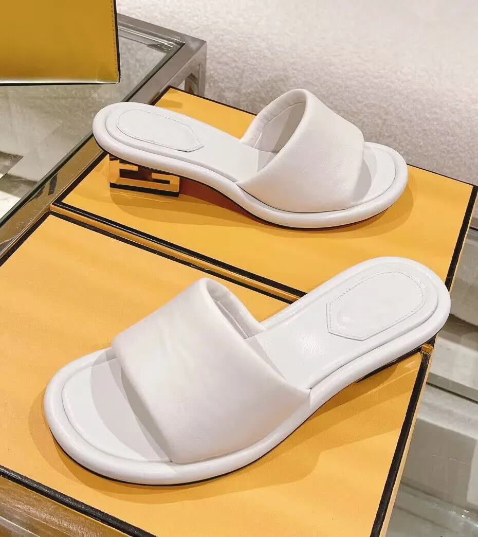 Summer Brand Baguette Sandals Shoes Women Wide-band Slides Cutout Metal Sculptural Heels Nappa Leather Mules Slip On Flip Flops Lady Casual Walking EU35-42