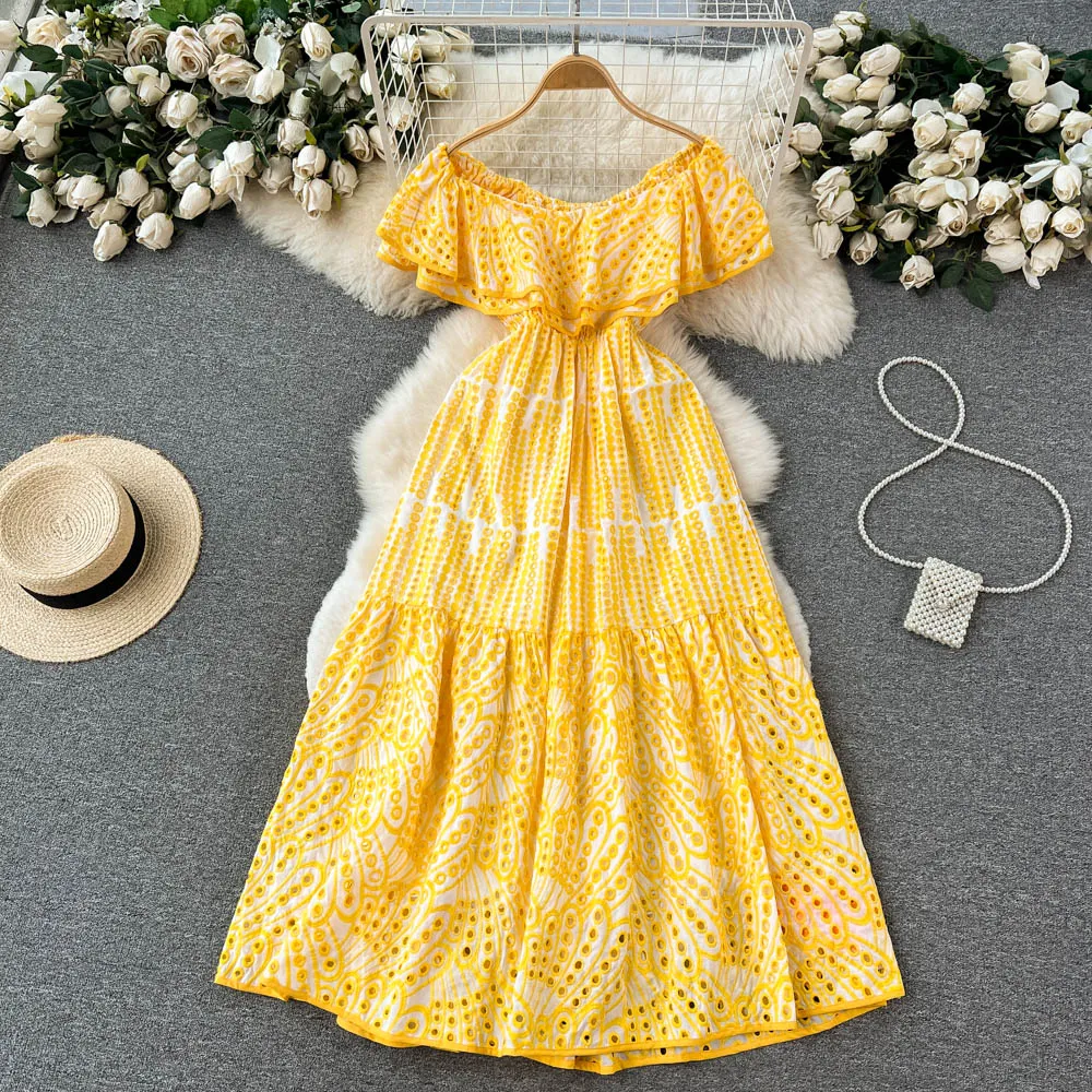 2023 Casual Dresses Runway Designer Hollow Out Embroidery Long Dress for Women Summer Slash Neck Vintage Vacation Vestidos Elegant Robe