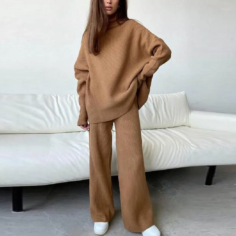 Kvinnors tvåbitar byxor Vintage Women Turtleneck Sticke Set Autumn Winter Long Sleeve Pullover Top Wide Leg Outfits Ladis Solid Suit