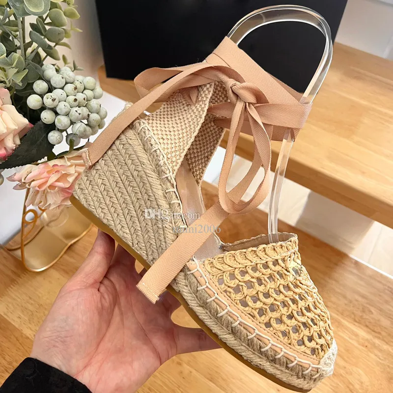 Straw rope weaving hollow fisherman sandals wedges Sandals heeled Platform Pumps heels open-toe women's luxury designers Espadrilles outsole summer holiday shoes