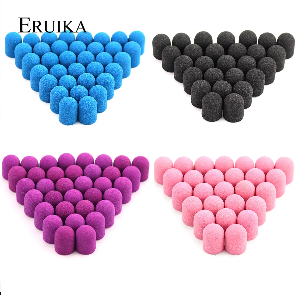 Nail Art Equipment 50pcs 13*19mm Blue Pink Sanding Caps Electric Milling Cutter Rotary Nail Drill Bit Rubber for Manicure Pedicure Drill Accessory 230616