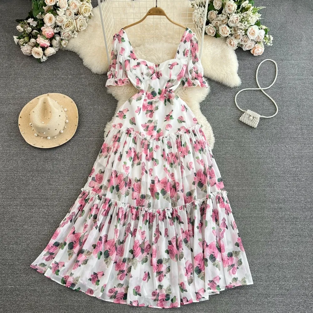 Seaside Resort Style French Floral Floral Midi Dress with Bubble Sleeves, Waistband, and Super Immortal Chiffon Skirt