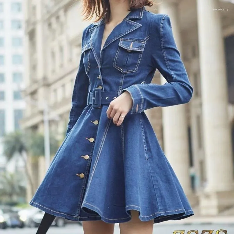 Casual Kleider Koreanische Falten Schlanke Taille Frau Jeans Kleid Lange Hülse Drehen-unten Kragen Demin Vestidos Femme 2023