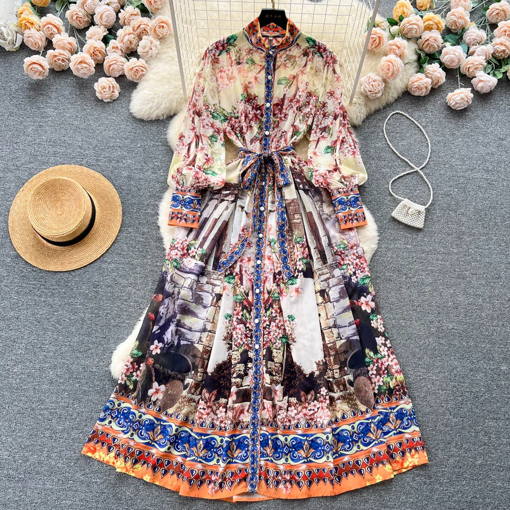 Casual Dresses Runway Maxi Dress Women's Long Lantern Sleeve Stand Gorgeous Flower Print Long Dress Kvinnliga knappar Up Sashes Holidays Dress 2023