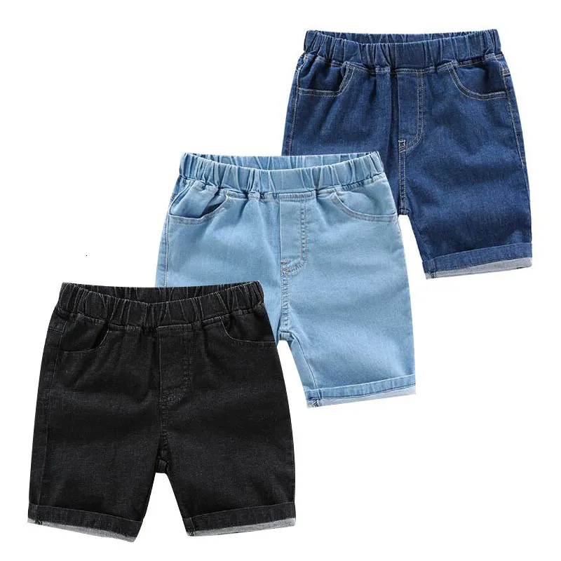 Jeans baby pojke denim shorts kläder 2023 sommar barn casual tunt stil elastisk mitten av midja ren färg outwear för tonåringar 230616