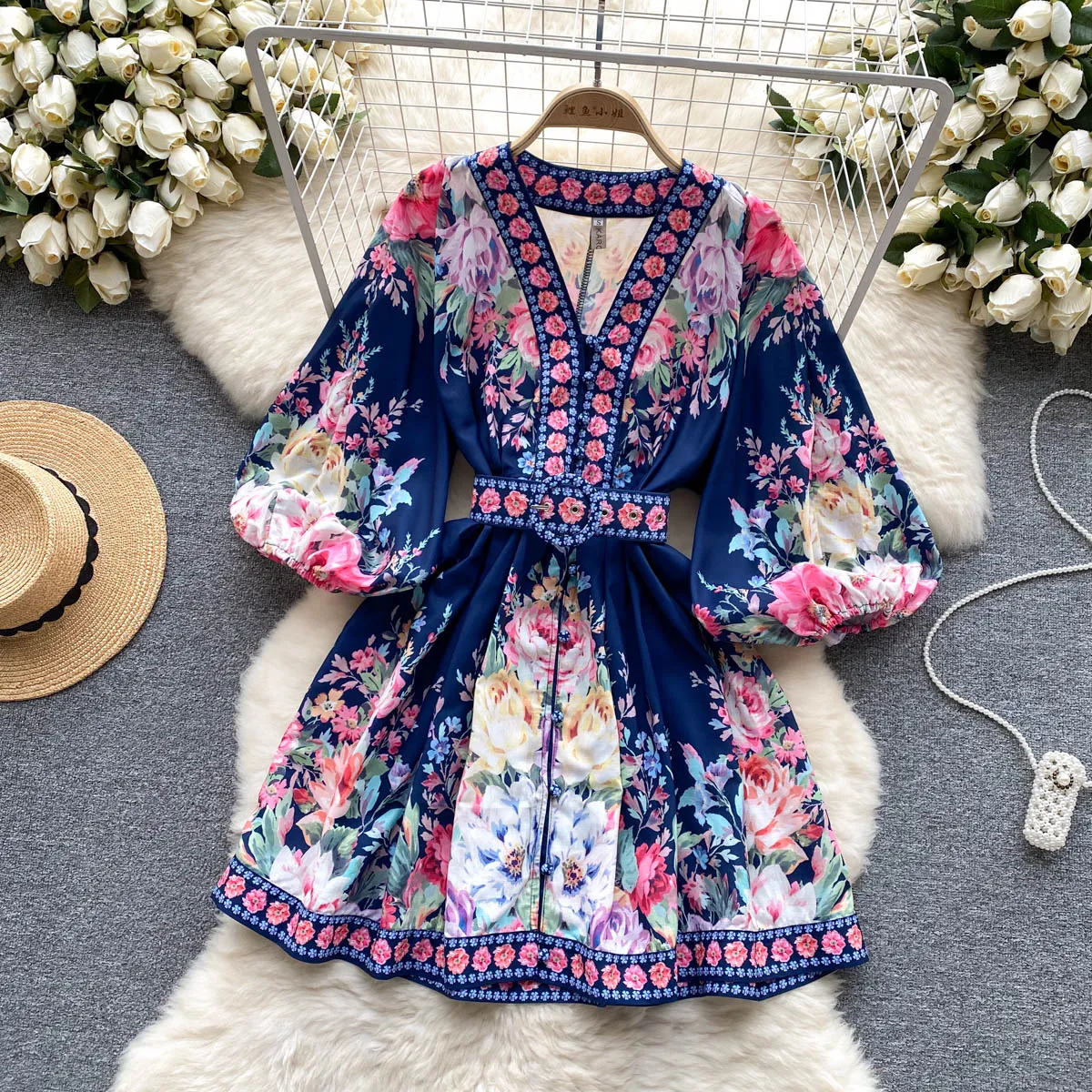 lantern runway floral dress 2024 Women's High Waist A-Line Mini Short White boho dress with Lantern Sleeves, Down Belt, and Down Hanging for Spring/Summer Runway Fashion