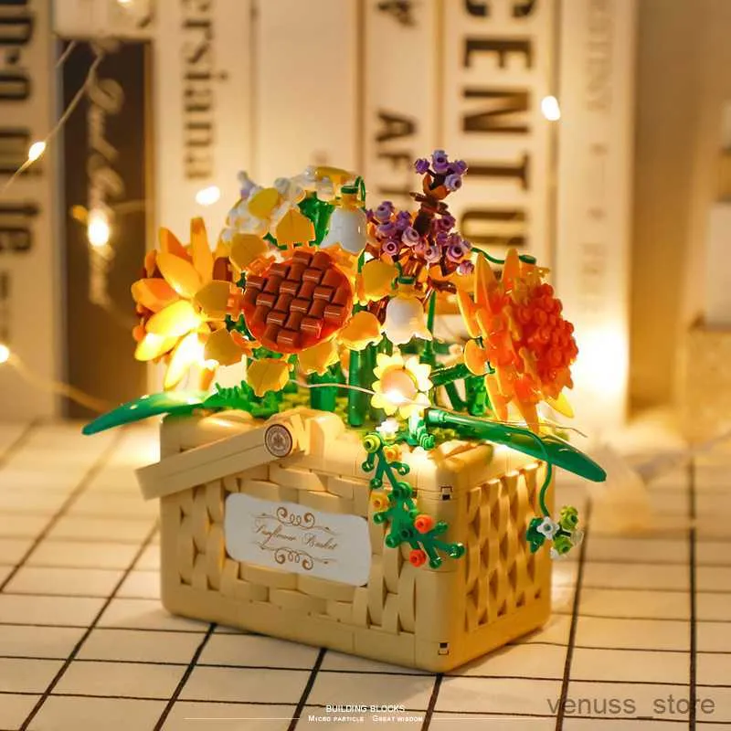 Blocks Sunflower Basket Mini Building Block Plants Eternal Flower LED perfume Model Micro Toys Rose For Home Decoration R230701