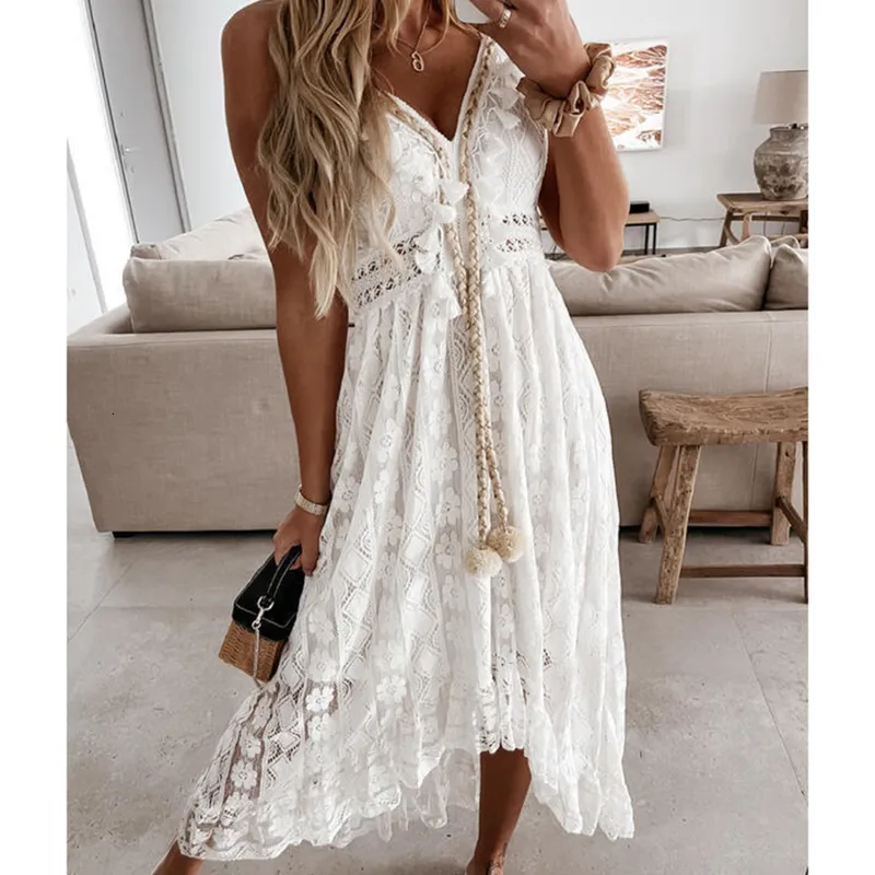 Kvinnors badkläder V-ringning Lace Up Cover Up For Woman White Sexig Lace Loose Holiday Beach Slip Dress Summer Maxi Dress Beachwear 230616