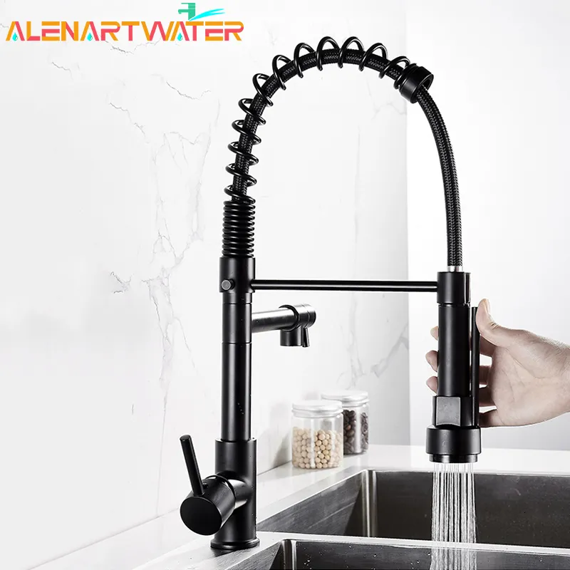 Rubinetti per lavabo da bagno Rubinetto da cucina a molla nera Spruzzatore laterale estraibile Doppio beccuccio Miscelatore rotante a 360 gradi Maniglia singola 230616