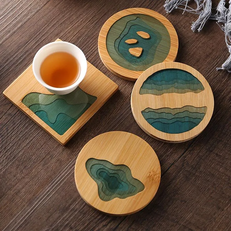 Tapetes de mesa arte moderna porta-copos de bambu resina paisagem abstrata porta-copos antiderrapante café isolamento térmico decoração de salão de chá